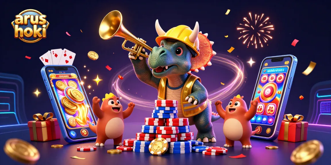 Gambaran animasi 3D arus hoki yang menunjukkan triceratops membangun tumpukan chip poker dengan para anggota lainnya berpesta dengan koin emas dan kartu