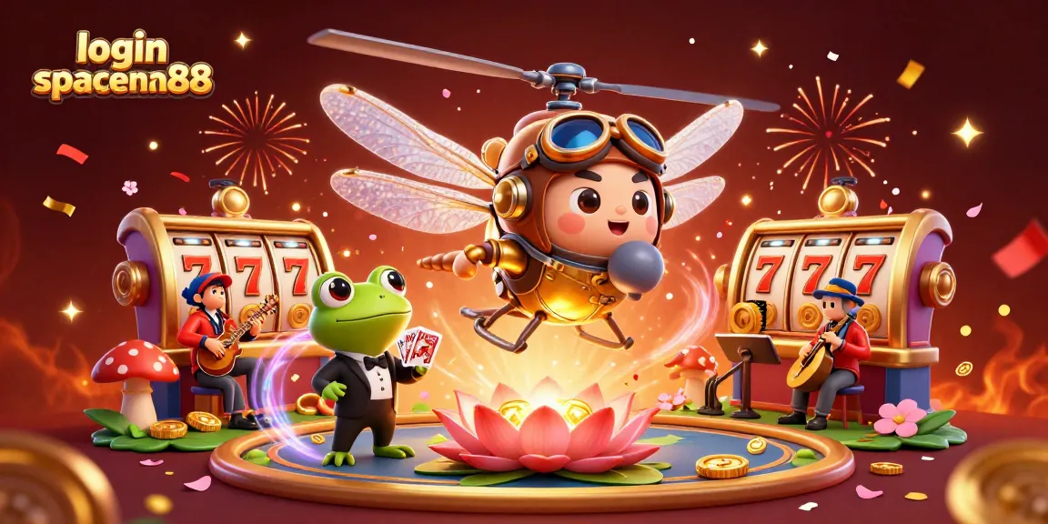 Engage in thrilling slots at login spaceman88 with vibrant dragonfly and frog characters.