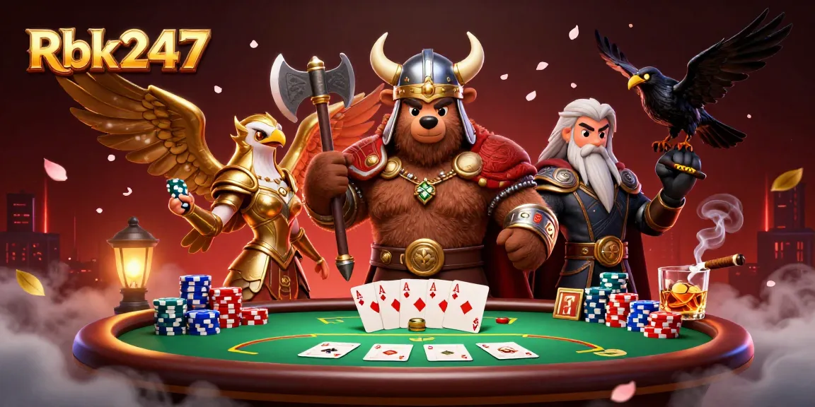 Engage in thrilling poker action with Rbk247's dynamic 3D casino scene featuring fierce characters.