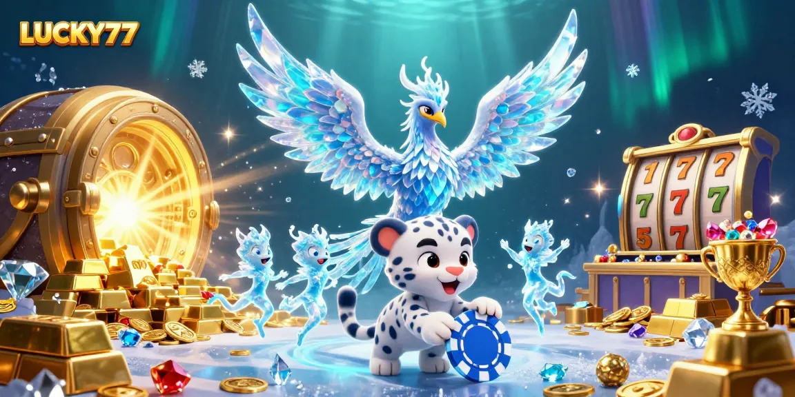 Join LUCKY77 in a vibrant casino scene with a magical ice phoenix and treasure elements.