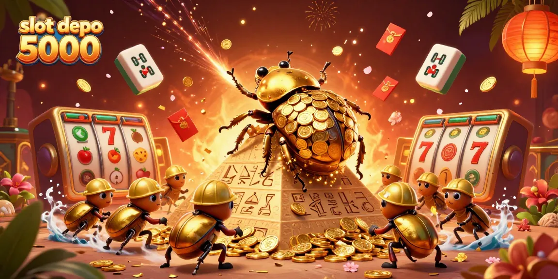 Play engaging slot depo 5000 games with golden beetles rolling coins on a vibrant casino pyramid